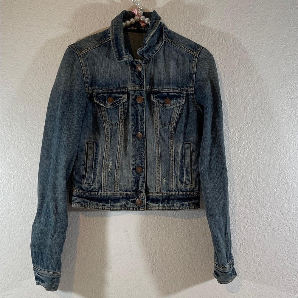 American Eagle Womens Vintage Soft Denim Cropped Distressed Jacket Size Small